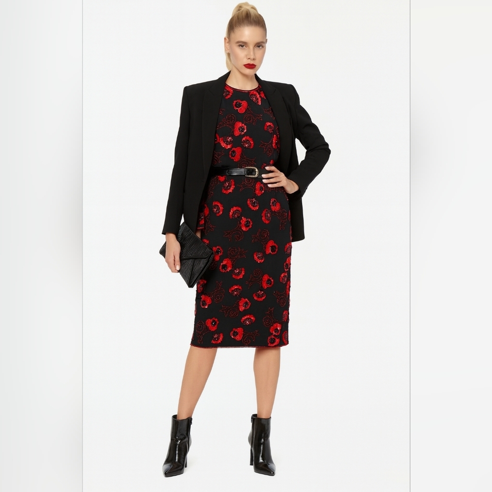 Vintage Silk Hand Beaded Black Red Floral Dress Sz 12